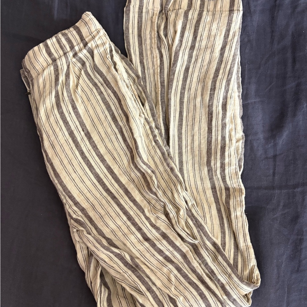 100% organic linen striped zippered trouser with stretch